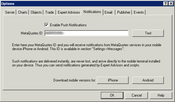 Screenshot of MetaTrader Notifications Settings for iPhones and Android by Analytic Trading