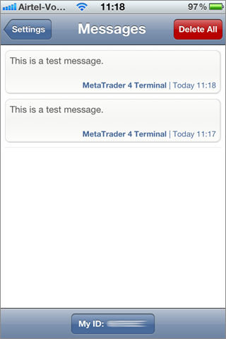 Screenshot of MetaTrader App for iPhone and Android Messages Settings by Analytic Trading
